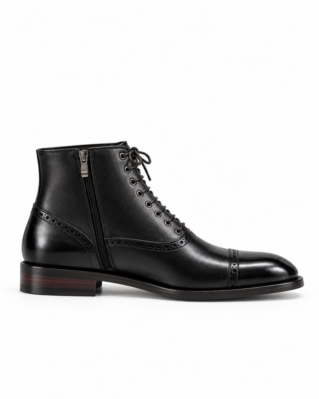 Bottine cuir brogue noire vue de profil fond blanc
